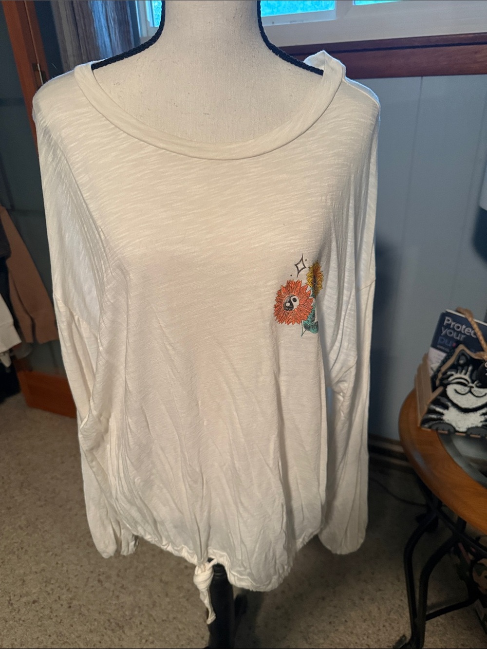 torrid White Long-Sleeve Tie-Hem Top with Small Floral Accent
